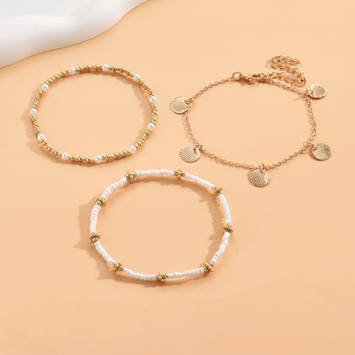 Gold Anklets Bracelets for Women Waterproof Layered Beaded Anklet Bracelets Set Boho Pearl Starfish Shell Anklet Bracelet Stacked Turquoise Anklets Bracelet Summer Beach Foot Jewelry Gift for Women - style: Gold Beaded
