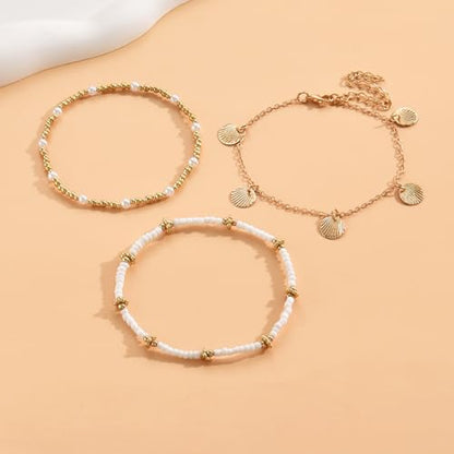 Gold Anklets Bracelets for Women Waterproof Layered Beaded Anklet Bracelets Set Boho Pearl Starfish Shell Anklet Bracelet Stacked Turquoise Anklets Bracelet Summer Beach Foot Jewelry Gift for Women - style: Gold Beaded