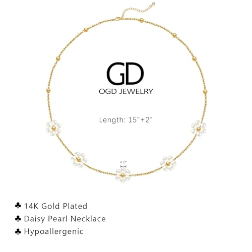 OGD Gold Pearl Necklace Set for Women 14K Plated Layered Daisy Choker Gift - color: Gold Daisy Pearl-1PCS