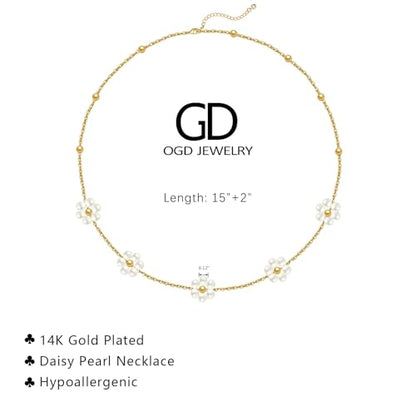 OGD Gold Pearl Necklace Set for Women 14K Plated Layered Daisy Choker Gift - color: Gold Daisy Pearl-1PCS