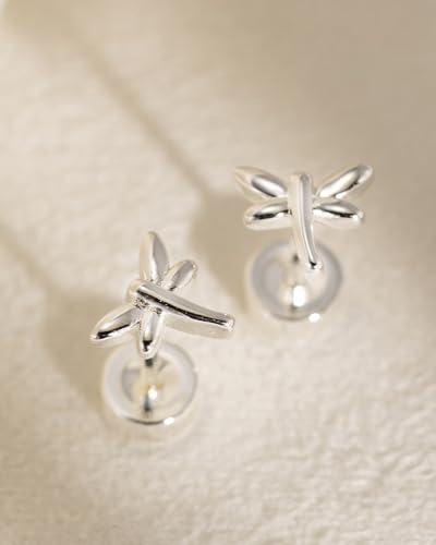 Flat Back Earrings for Women Cartilage Helix | Comfortable Dainty Cute Dragon Bee Bird Phoenix Dragonfly Cute Animal Leaf Spiral Rhombus Design Flatback Stud Earrings - color: Silver Dragonfly