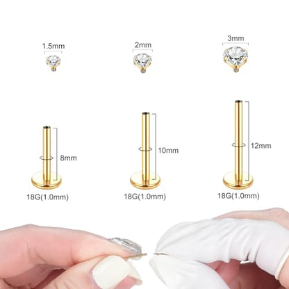 Xpircn Flat Back Stud Earrings 14K Gold Plated Internally Threaded CZ Stud Piercing Jewelry for Tragus Helix Cartilage Conch Nose Hypoallergenic Lip Labret Medusa Piercing 16G 18G - color: 18 Gauge, Gold, size: Mixed (8/10/12mm) Bar