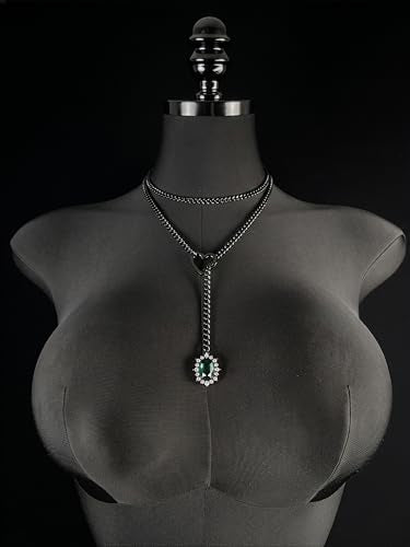 Women's Heart O-Ring Slip Chain Necklace, Double Layered Adjustable 39'' Cuban Chain with Detachable Heart Clasp and Colorful Rhinestone Pendant - color: 39'' Black-Emerald Green