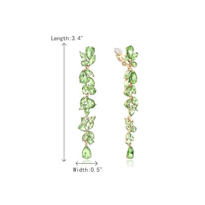 Crysdue Clip On Earrings for Women Rhinestone Crystal Teardrop Cluster Wedding Bridal Non Pierced Long Dangle Earring for Prom Party - color: Light Green Silver-Tone