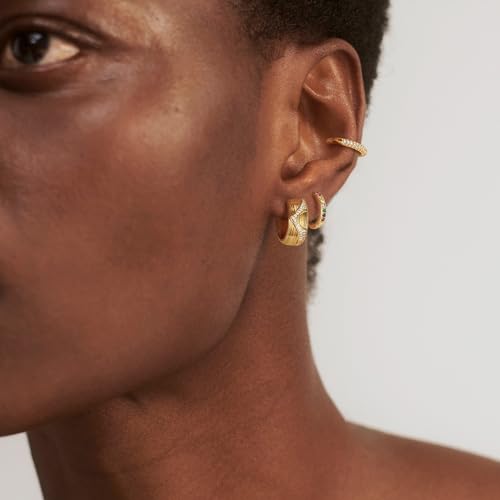 DREMMY STUDIOS Gold Dainty Huggie Hoop Earrings 18K Gold Plated Exquisite Open Tassel Dangle Charm Drop Sleeper Geometric Cross Coin Star Heart White CZ Simple Hypoallergenic Earrings for Women - color: Wide CZ Hoops
