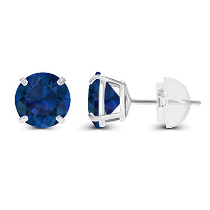 Solid 925 Sterling Silver Gold Plated 6mm Round Genuine Birthstone Gemstone Hypoallergenic Stud Earrings For Women - color: Created Blue Sapphire
