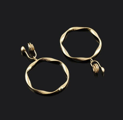 A Season Women Twisted Gold/Silver Round Clip On Hoop Earrings for Non Pierced Ears Hoops Earrings, Small/Medium/Large (Large Round Dangle)