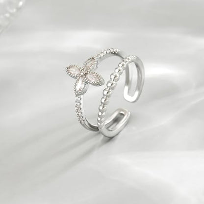Adjustable Rings for Women 18K Gold Plated daisy Flower Butterfly Ball Cubic Zirconia Rings Dainty Open Stacking Ring - color: Flower CZ-White Gold