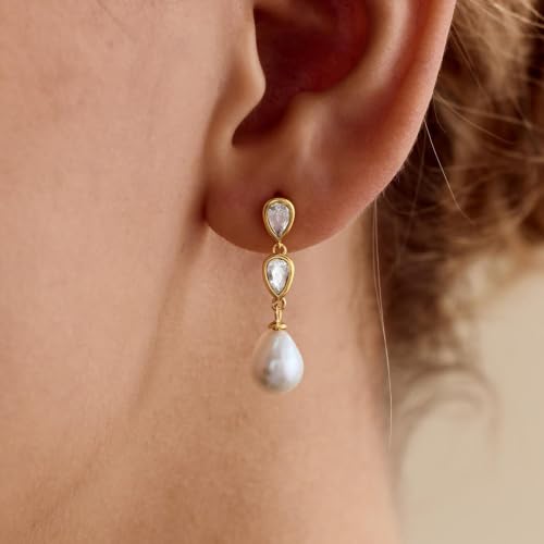 Pearl Earrings for Women, 14k Gold Plated Trendy Diamond Pearl Drop Earrings Hypoallergenic Dainty Bridal Gifts Wedding jewelry for Women - color: Silver-Pearl Style B