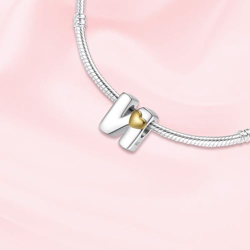 A~Z Alphabet Charm Letter Beads 925 Sterling Silver with Heart-shaped 5A Cubic Zircon Stones fits Pandora European Bracelets Necklace Jewelry Gift for Women - style: N Letter Charms
