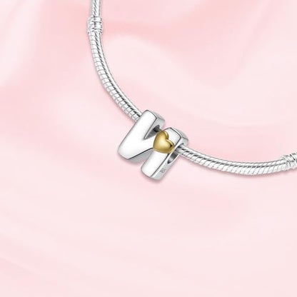 A~Z Alphabet Charm Letter Beads 925 Sterling Silver with Heart-shaped 5A Cubic Zircon Stones fits Pandora European Bracelets Necklace Jewelry Gift for Women - style: N Letter Charms