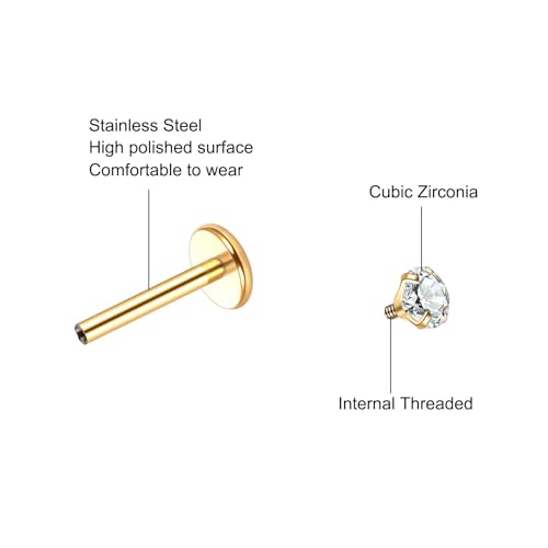 Xpircn Flat Back Stud Earrings 14K Gold Plated Internally Threaded CZ Stud Piercing Jewelry for Tragus Helix Cartilage Conch Nose Hypoallergenic Lip Labret Medusa Piercing 16G 18G - color: 18 Gauge, Gold, size: 8mm Bar