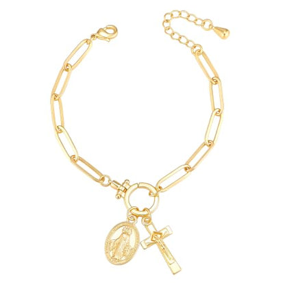 XUANPAI Virgin Mary Cross Bracelet for Women,14K Gold Plated Chain Bracelet,Virgen de Guadalupe Catholic Link Bracelet with Crucifix Charm, No Tarnish Religious Jewelry Gift for Baptism Confirmation - color: Gold-Paperclip Chain