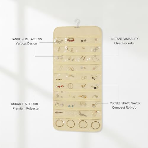 Hanging Jewelry Organizer, Vertical Closet Storage with Clear Pockets for Necklaces and Earrings, Polyester Roll-Up Bag (1 PC) - color: Beige