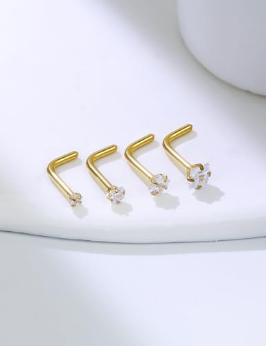 18G 20G 14K Gold Filled Nose Rings Studs Piercing Jewelry For Women Men 316L Surgical Steel Round Square Cubic Zirconia Nose Rings Studs Nostrial Piercing Jewelry CZ 1.5mm 2mm 2.5mm 3mm - color: 14K Gold Plated, size: 20 Gauge-L Shaped-Round and Square CZ