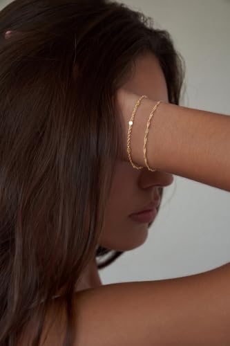 Moodear Gold Bracelets for Women, 2PCS Dainty 14K Gold Plated Link Chain | Waterproof Non Tarnish Jewelry, Adjustable Gold Plated Link & Bead Chain, Perfect for Daily Wear, Vacation Outfits & Gifts - color: gold-2