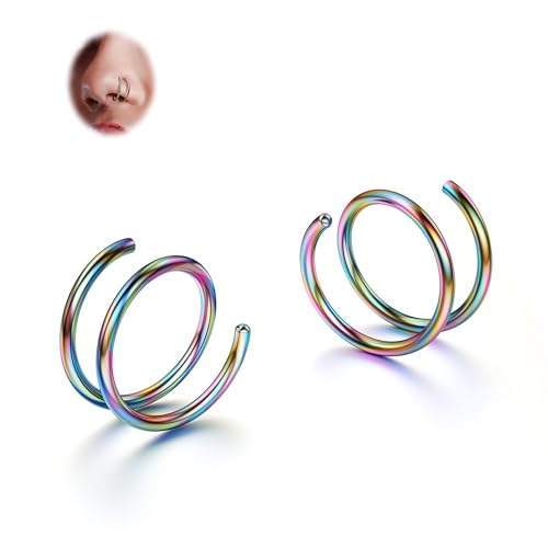 BodyBonita 2-8Pcs Softened 316L Stainless Steel Double Hoop Nose Ring for Single Piercing 22G 20G 18G Bendable Twist Spiral Nose Rings Hoops for Women 8mm 10 mm - color: 1 pair-Rainbow, size: 22g(0.64mm)-8mm