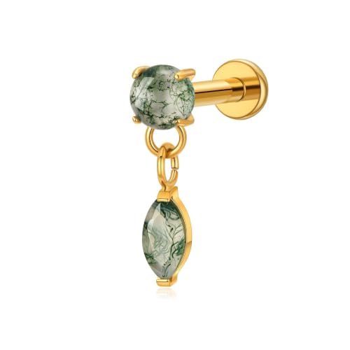1PC ASTM F136 Titanium Push Pin Moss Agate Stone Flat Back Earrings 16G 8mm for Helix Conch Tragus - color: Teardrop-18KPG