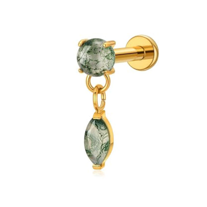 1PC ASTM F136 Titanium Push Pin Moss Agate Stone Flat Back Earrings 16G 8mm for Helix Conch Tragus - color: Teardrop-18KPG