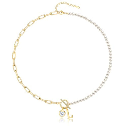 Initial Pearl Necklace for Women, 14K Gold Plated Paperclip Chain | Toggle Clasp, Heart CZ Initial Necklace,Gold Necklace for Women,Bridesmaid Wedding Gifts Jewelry - color: Gold-L