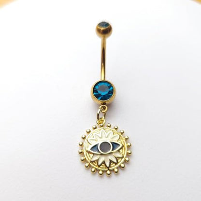 14G Blue CZ Evil Eye Sun Heart Dangle Belly Button Rings for Women 14K Gold Plated Surgical Steel Belly Navel Barbell Enamel Starry Sky Colorful Crystal Dangling Navel Rings Belly Piercing Jewelry - style: Style3