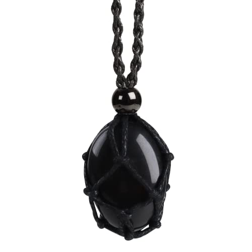 weryerker Natural Gemstone Pendant Necklace Healing Crystal Stone Pendant with Hand-Woven Rope Adjustable for Women Men - color: 1pc Black Obsidian 1