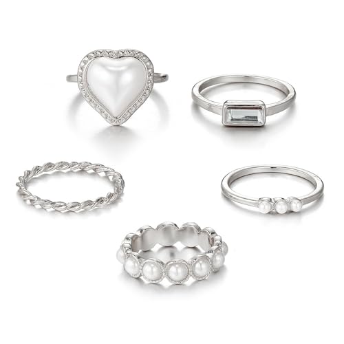 Layering Rings for Women, Adjustable Stainless Steel Joint Finger Cubic Zirconia Stackable Thumb Rings Band for Statement Open Knuckle Stacking for Women - color: Silver Heart 5PCS