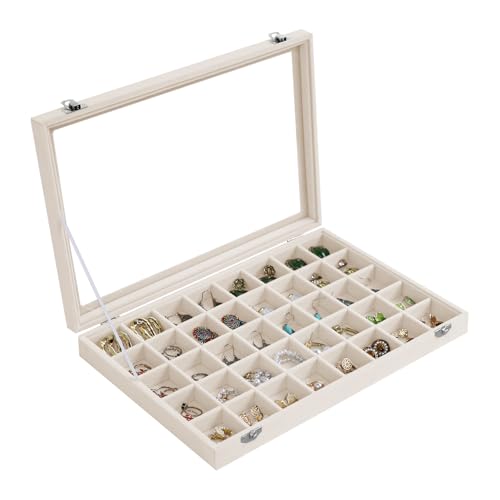 Stratalife Jewelry Organizer, Velvet Earring Storage Box, 13.78"x9.4" | 40 Grid Stackable Jewelry Tray with Clear Lid, Velvet Jewelry Box for Drawer, Necklace Trinket Display Organizer, Beige - color: Beige, size: 40 Grid