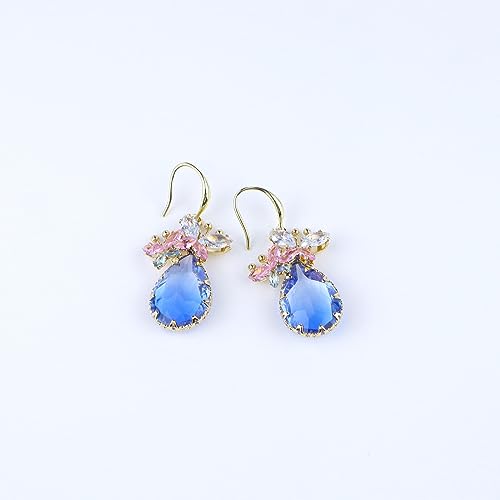 Crystal Teardrop Earrings CZ Butterfly Earrings Gold Dangle Earrings Jewelry Gift for Women - color: Blue