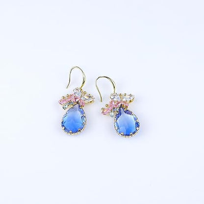 Crystal Teardrop Earrings CZ Butterfly Earrings Gold Dangle Earrings Jewelry Gift for Women - color: Blue