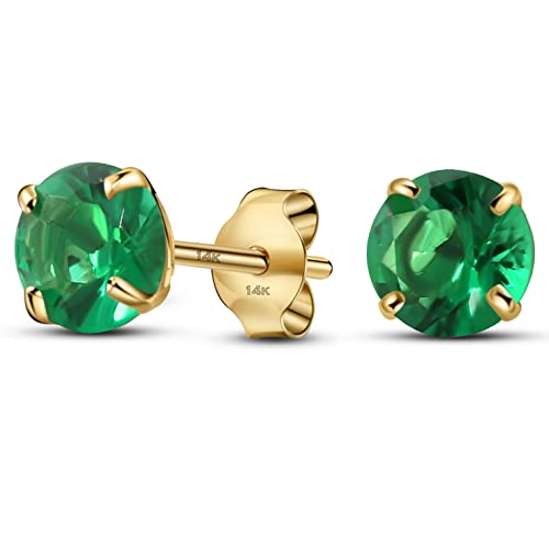 Solid 14K Yellow Gold Round Solitaire Simulated-Birthstone Minimalist Stud Earring - color: 05-May, size: 6mm