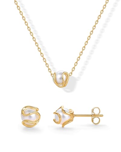 PAVOI 14K Gold Plated Caged Pearl Jewelry Set for Women, Necklace & Earring | Round Shell Pearl Earring and Necklace Jewelry Set, Gold Pearl Set with Pendant Necklace and Stud Earrings - color: Yellow Gold