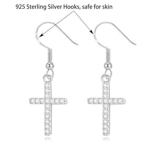 Cross Necklace and Sterling Silver Cross Earrings Jewelry Set for Women | Hypoallergenic Faith Crucifix Pendant Necklaces 14K Gold Plated Cubic Zirconia CZ Dangling Religion Jewelry - color: Silver