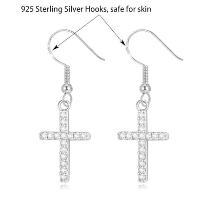 Cross Necklace and Sterling Silver Cross Earrings Jewelry Set for Women | Hypoallergenic Faith Crucifix Pendant Necklaces 14K Gold Plated Cubic Zirconia CZ Dangling Religion Jewelry - color: Silver