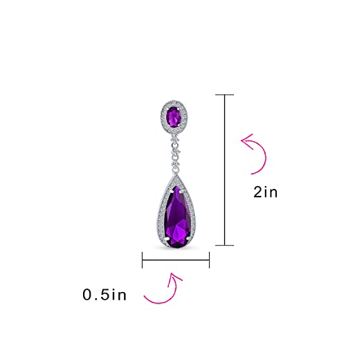 Long Cocktail CZ Halo Teardrop Chandelier Clip On Earrings Silver Plated - color: Purple
