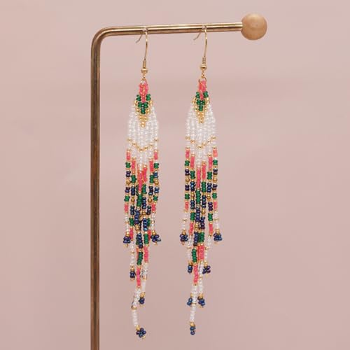 Bohemian Tassel Colorful Beaded Earrings For Women Trendy, Long Fringe Feather Drop Jewelry Handmade Gifts. - color: color1