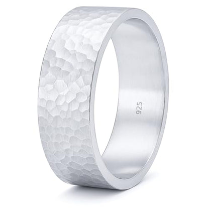 925 Sterling Silver Wedding Ring Hammered Flat Pipe Cut Textured Thick & Durable Handmade Unisex Mens & Women Rustic Engagement Promise Band - US Size 4-13 - Custom Engraving - color: 01 - 8mm Silver