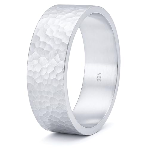925 Sterling Silver Wedding Ring Hammered Flat Pipe Cut Textured Thick & Durable Handmade Unisex Mens & Women Rustic Engagement Promise Band - US Size 4-13 - Custom Engraving - color: 01 - 8mm Silver