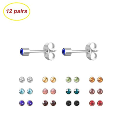 12 Pairs Ear Piercing Stud Earrings for Ear Piercing Guns, Surgical Stainless Steel Multicolor Round Heart Star Cubic Zirconia Birthstone Stud Earrings Set - style: Silver round 5mm