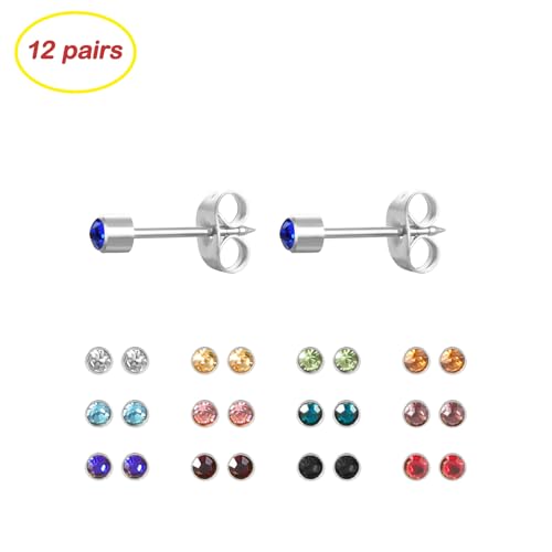 12 Pairs Ear Piercing Stud Earrings for Ear Piercing Guns, Surgical Stainless Steel Multicolor Round Heart Star Cubic Zirconia Birthstone Stud Earrings Set - style: Silver round 4mm