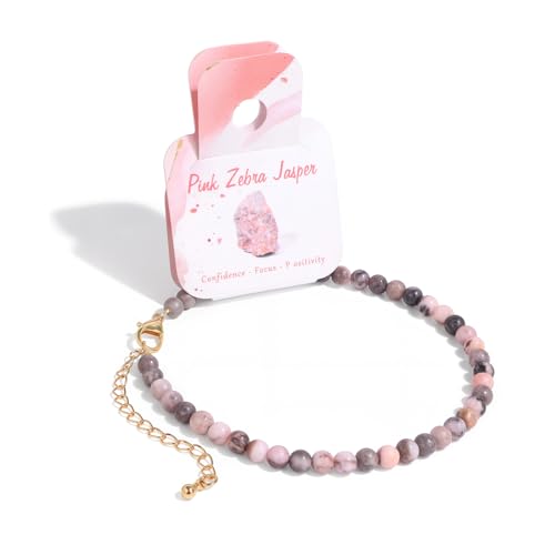 Natural Stone Beaded Anklets for Women, Handmade Boho Clear Quartz 4mm Crystal Beads Anklet, Gold Chain Adjustable Ankles Bracelet, Beach Summer Jewelry Gemstone Foot Bracelet Gift - color: Pink Zebra Jasper