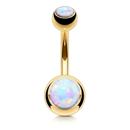 FIFTH CUE 14GA Surgical Steel & Synthetic Opal Resin Belly Button Ring, 3/8" Length, 5mm x 8mm Ball - Classic Look, Highly Rate Belly Rings for Women, Super High Quality - style: 2- Gold/Opal White