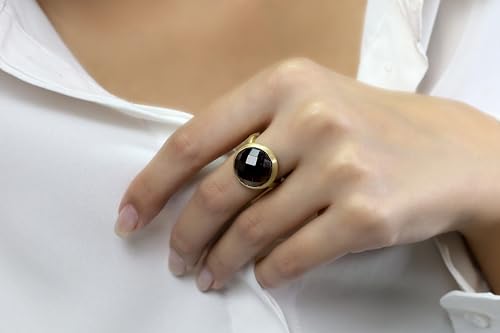 Smoky Quartz Bezel Ring - Solid Yellow Gold Statement Jewelry - Dark Brown Gemstone