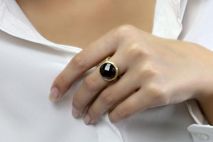Smoky Quartz Bezel Ring - Solid Yellow Gold Statement Jewelry - Dark Brown Gemstone