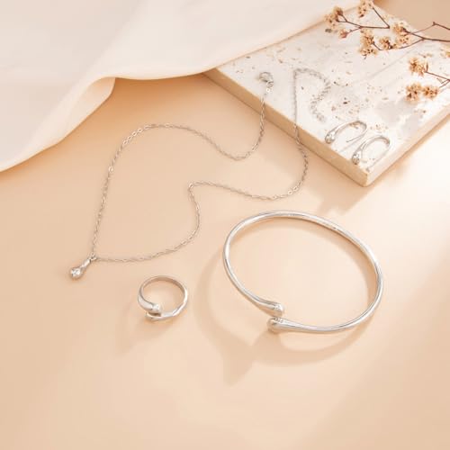QiaTsed Women's Jewelry Set Gold Teardrop Jewelry Set Statement Elegance Jewelry with Necklace Bracelet Ring Earrings Ideal Jewelry Gift for Women - color: Silver