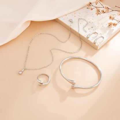 QiaTsed Women's Jewelry Set Gold Teardrop Jewelry Set Statement Elegance Jewelry with Necklace Bracelet Ring Earrings Ideal Jewelry Gift for Women - color: Silver