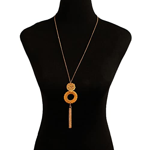 COLORFUL BLING Handmade Braided Rattan Straw Wicker Y-Shaped Long Chain Tassel Necklace Wooden Beads Statement Lanyards Pendant Necklace Women Jewelry (double1)