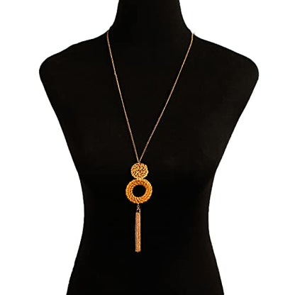 COLORFUL BLING Handmade Braided Rattan Straw Wicker Y-Shaped Long Chain Tassel Necklace Wooden Beads Statement Lanyards Pendant Necklace Women Jewelry (double1)