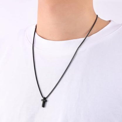 Fiusem Cross Necklace for Men, Silver/Gold/Black Mens Cross Necklaces with 2.5mm Cross Chain and Stainless Steel Cross Pendant, Box Chain 16-24 Inch, Jewelry Gift - size: 16.0 Inches, style: Tiny black cross: 0.8" * 0.4"