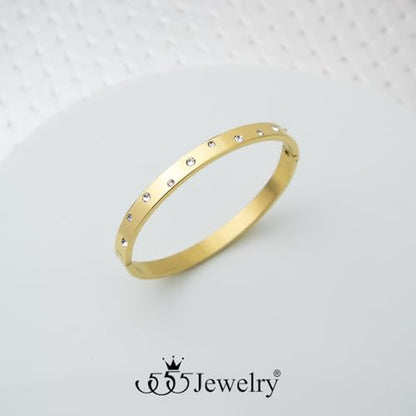 555Jewelry Womens Sparkling Cubic Zirconia Secure Hinge Lock Bangle Stainless Steel Bracelet - color: Yellow Gold Style 3